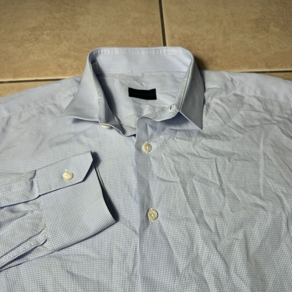 Lanvin Men’s 43/17 Blue White Check Button Up Dress Shirt Long Sleeve